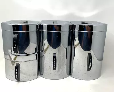 Vintage Kromex Stainless Steel 4 PC Canister Flour Sugar Coffee Tea 1950's • $59