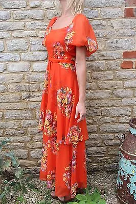 £45 • Buy Vintage 1960s Simon Ellis Orange Rainbow Floral Boho Hippie Maxi Dress S