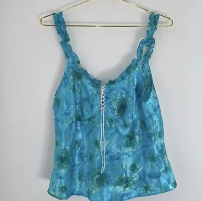 Vintage Satin Floral Lace Up Blouse With Ruffle Straps Sz.M  • $18.75