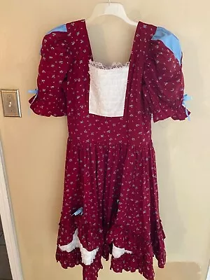 Sale! Burgundy Red Square Dance Dress Blue Flowers Ribbons Pettipants And Lace • $37
