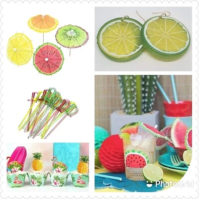 £4.99 • Buy Hawaiian Party Parasols Cocktail Tablecloth Straws Umbrella Flamingo Bar Earring