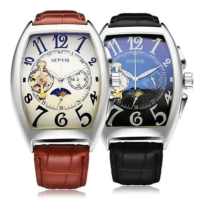 Mechanical Automatic Wrist Watch Sewor Fashion Mens Moon Phase Tonneau Analog • $20.99