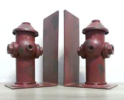 INDUSTRIAL ART Red Metal FIRE HYDRANT Distressed Look BOOKEND Set - 6 1/4  Tall • $29.95