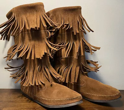 New MINNETONKA Fringe Boots Brown Suede 1638 Pull On 3 Layer Size 8 • $39.95