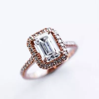 Emerald Cut Moissanite Halo Bridal Wedding Engagement Ring 14k Rose Gold Plated • $142.99