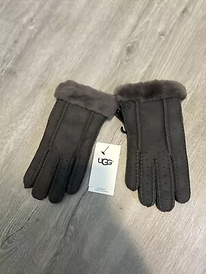 UGG Perforated Genuine Shearling Suede Gloves Charcoal Grey Size Small • $55