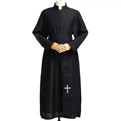 Minister Man Cassock Robe With Tab Collar Belt Priest Church Costume Cosplay • $33.99