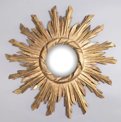 Vintage Mid Century French Gilt Wood Sunburst Starburst Convex Mirror 17  • $1196