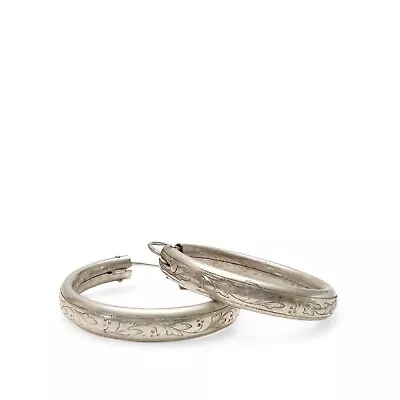 Vintage Sterling Silver Etched Floral Vine Hollow Hoop Earrings • $34.99