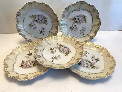 Five Matching Hand Painted 7 1/2  Plates Purple/lavendar Lilies Gold Trim • $20