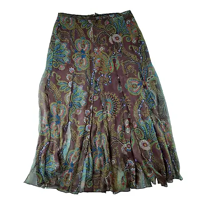 Vintage David Meister Brown Paisley 100% Silk Sheer Fringe Hem Midi Skirt 6 • $29.99