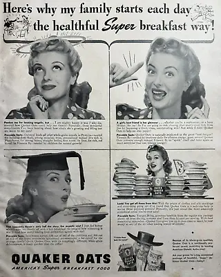 Vintage Quaker Oats Print Ad (1942):  Super Breakfast Food  - Angelic Bowls BW • $15