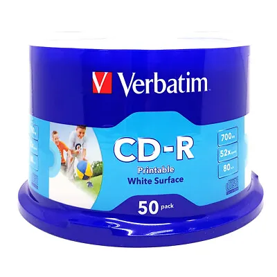 50PK Verbatim CD-R 700MB/80min 52x White Printable Inkjet Recording Blank Disc • $35