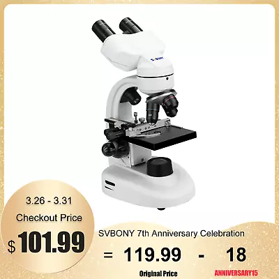 SVBONY SV605 40X-1600X Binocular Biological Microscope With Moving Platform LED • $119.99