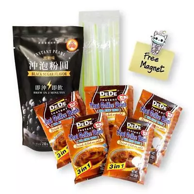 Boba Bubble Tea DIY Kit DeDe THAI COFFEE WFY Instant Blk Tapioca Pearls Straws • £13.42