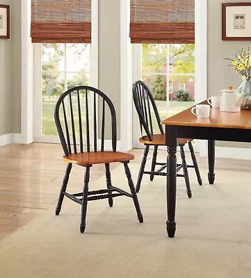 Set 2 Windsor Dining Chairs Oak Black Finish Wood High Back Kitchen Furniture • $150.90