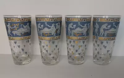 Vintage CERA GLASS MCM Set Of 4 Etruscan Frieze Highball 5 1/2  By 3  Glasses • $39