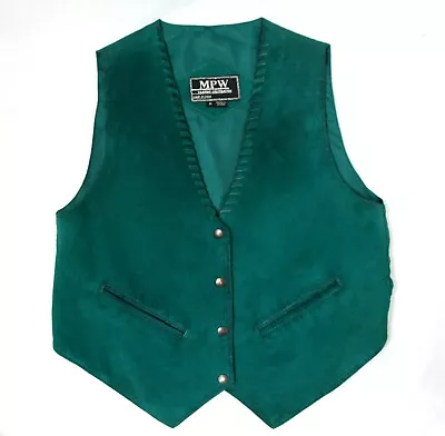 MPW Trading Teal Leather Suede Snap Vest W Whip Stitching Pockets Green Lined M • $22.95