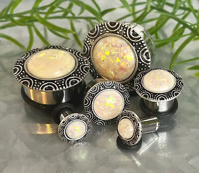 PAIR Synthetic Opal Brass Top Surgical Steel Single Flare Plugs Body Jewelry • $14.95