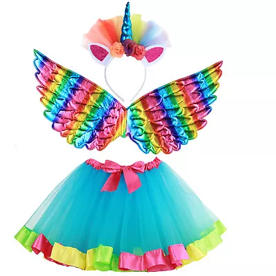 Girls Fancy Dress Angel Fairy Wings TuTu Skirt Headband Party Cosplay Costume • £8.39