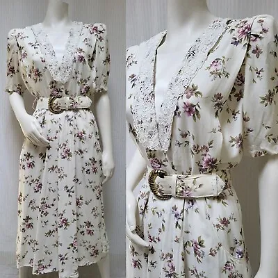 Vintage 1980/90s S.L. FASHIONS Purple Pink Floral Shirt Dress W/ Belt - Size M/L • $35.10