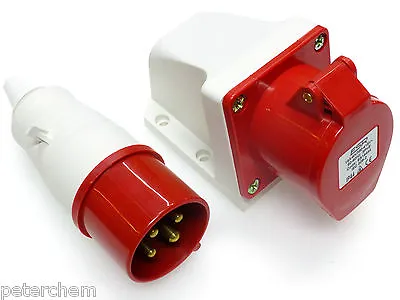 16 Amp 4 Pin Plug + Wall Mount Socket Weatherproof IP44 3 Phase 415V 3P+E 16A • £13.95