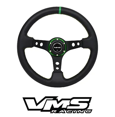 Vms Racing Universal 6-bolt 350mm Leather Green Deep Dish Steering Wheel • $99.95