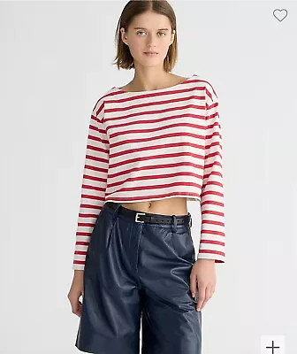 J. Crew Pink/White Striped Cropped Boatneck T-shirt In Mariner Cotton Size S • $18