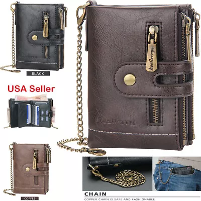 Mens Wallet Genuine Leather RFID Bifold With Chain And Double Zipper Coin Pocket • $10.59