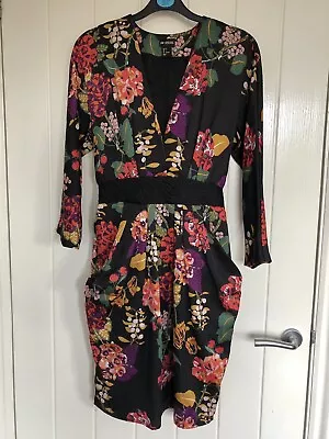 Womens H&M Black Floral Print Satin Tie Dress Size 6 Conscious Collection • £5