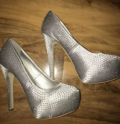 Salt N Pepper 5.25” Stiletto Silver Platform Diamond Embellishment Shoes Size 4 • £8.99