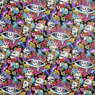 Mexican Hat 100% Cotton Fabric Day Of The Dead Biker Sugar Skull Muertos. • £5.49