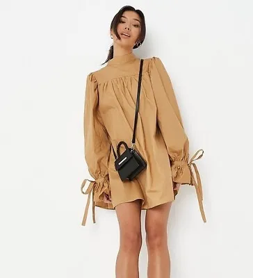 Missguided Poplin Balloon Sleeve Ruched Smock Dress. Brown. UK 12 • £10.44