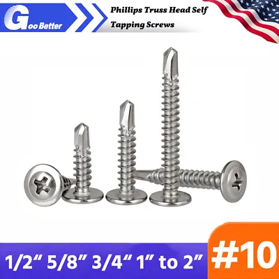 #10 Phillips Truss Head Self Tapping Screws 410 Stainless Steel 1/2  5/8  To 2  • $5.39