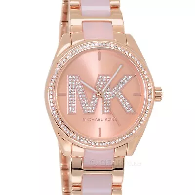 Michael Kors Janelle Womens Pave Glitz Watch MK Logo Dial Rose Gold Pink Band • $121.68