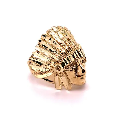 £482.69 • Buy Men's Textured Indian Chief Head Ring Real Solid 10K Yellow Gold All Sizes 