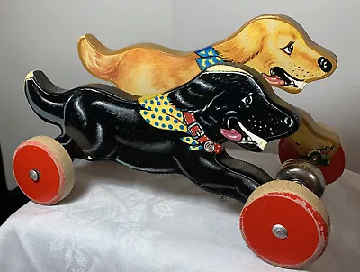 Schylling Wooden Pull Toy Dogs Black Lab Golden Retriever Racing Wheels Vintage • $59.99