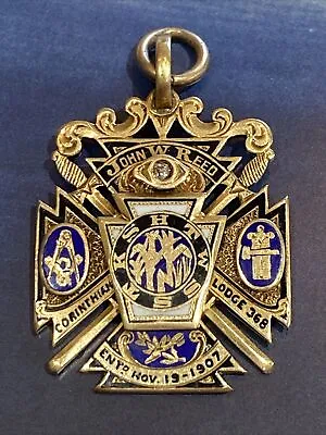 Antique 14K Yellow Gold & Enamel Masonic Medal Pendant With Diamond Accent Stone • $1100.50