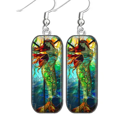 Mermaid Earrings Fantasy Folklore Art Nouveau Faux Stained Glass Art Print • $12.95