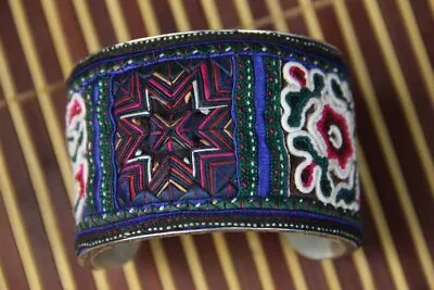 Tribal Exotic Chinese Minority People's Old Hand Embroidery Miao Silver Bracelet • $70