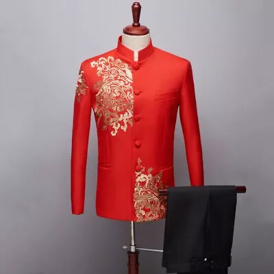 Mens Embroidery MAO Suit Stand Collar Chinese 2PCS Costume Buttons Formal Casual • $73.23