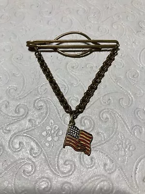 Tie Clip Bar Flag Motif W/ Hanging Drop Double Link Chain Vintage • $5