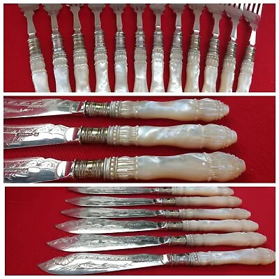 £1495 • Buy 24 Exceptional Mother Pearl Carved Antique Silver Plate Fish Set C1890