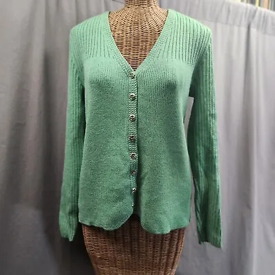 Vtg ST JOHN Cardigan Sweater Light Green Women's M Santana Knit Ribbed Wool 70's • $58.88