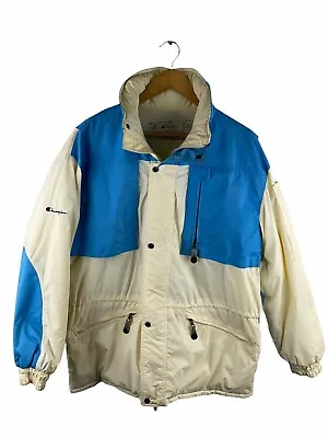 VINTAGE Champion Hooded Ski Jacket Coat Men Size M Cream Blue Quilted Bodywarmer • $99.95