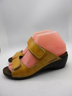 Mephisto Mobils Amber Yellow Leather Low Wedge Slide Adj Strap Sandals Size 37 • $39