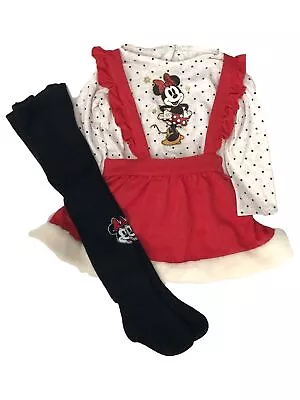 Disney Infant Girls Red Minnie Mouse Christmas Outfit Dress Shirt Tights • $29.99