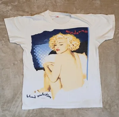Vintage 1990 Madonna Blond Ambition World Tour Tee T-Shirt Size L White Hanes  • $204.95