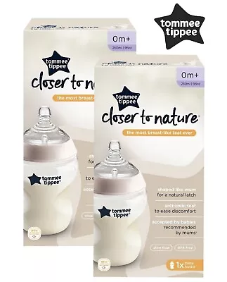 2x Tommee Tippee Baby Bottle Closer To Nature Clear Baby Bottle 260ml (0 Month+) • £10.99