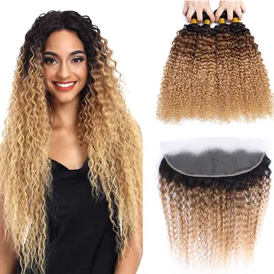 Blonde Kinky Curly Human Hair Bundles With Frontal Ombre 13*4 Lace Frontal Hair • £219.53